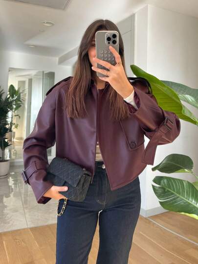 SMILE CHIC 2025 Burgundy PU Windbreaker Jacket, Fashionable Short Jacket For Autumn/Spring