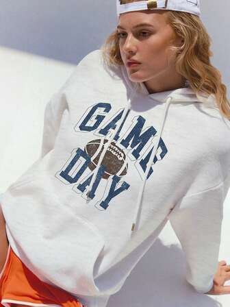 GAME DAY Letter Print Rugby Graphic Hoodies Long Sleeve White Cute Tops New Fashion Fall Outfits For Women Back To School Y2k Winter Clothes For Women Vintage Streetwear