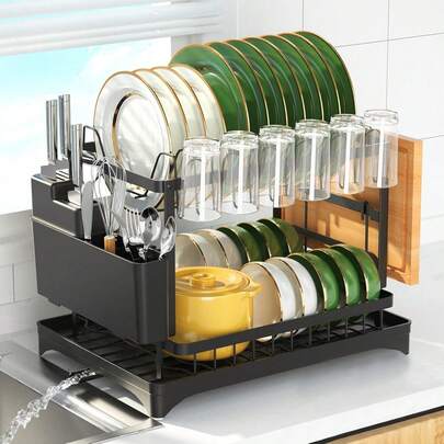 2段式 水切りラック 防錆・自動排水 大容量 食器乾燥ラック｜包丁スタンド・まな板立て・箸立て付き｜多機能 キッチン収納 組み立て簡単 省スペース ブラック