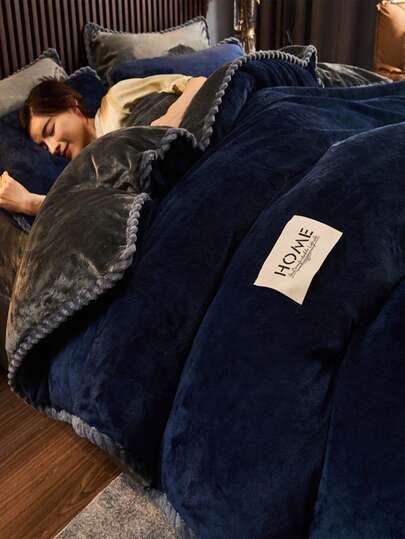 3 件套温暖现代纯色风格双面牛奶丝绒羽绒被套和枕套套装，3 件套欧式镶边系列床上用品，防静电纯色羽绒被套（不含羽绒被芯和枕头），可机洗