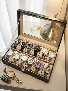 2/12 Slot Waterproof PU Leather Watch Storage Box, Watch Box Storage Organizer, Watch Gift Box, Travel Watch Storage Box, Luxury Large Capacity Watch Storage Box, Unisex, Elegant Black PU Leather With Compartments Watch Case - Holds Watches, Home Organization And Storage Supplies, Room Decoration, Gifts For Men, Gifts For Women - Multicolor - View 2