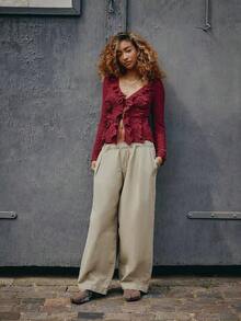 Women's Lace Open Front Tie Up Flared Long Sleeve Crop Top Blouse Shirt Aesthetic Streetwear - 酒紅色 - 查看 3