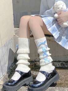 1 par de meias femininas de malha canelada com laço fofo, meias estilo bota formal, meias longas para festa - Multicolorido - Ver 6