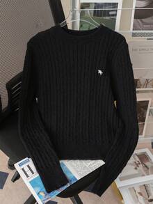 Korean Style Elegant Textured Crew Neck Sweater For Women, Long Sleeve Embroidered Pullover - Black - View 5