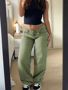Women's Fashion Casual Straight Leg Jeans, Medium Stretch Fabric - Army Green - View 3