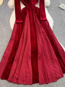 Women's Elegant V-Neck Velvet Party Christmas Wedding Dress - Red - View 3