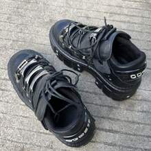 Gothic Punk Style Women And Men Platform Sneakers Black Vintage Metal Decorations Lace-Up Rock Ankle Boots Shoes - 黑色 - 查看 10