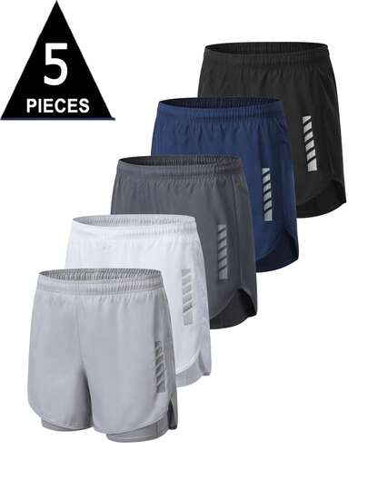 Pack de 5 pantalones cortos para hombre, 2 en 1, para entrenamiento deportivo, running, con forro y 2 bolsillos interiores, secado rápido.