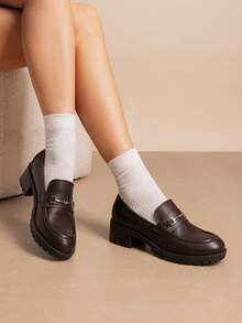 Women's Flatform Loafers 1.8 Inch Chunky Heel Comfortable Slip-On Pumps Dressy Business Casual Fashionable Platform Loafers Shoes - 棕色 - 查看 3