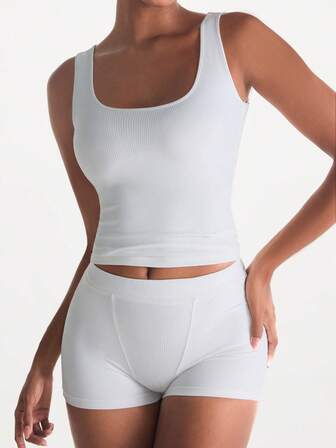 XLLAIS 2025返校季弹力微罗纹背心，修身休闲假日宽肩带U领全白女式上衣，四季皆宜