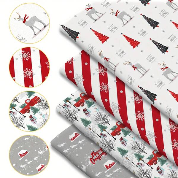 1pc Christmas Series Printed Quilted Fabric, 59x19.68 Inches (150x50 Cm) Polyester Pre-Cut DIY Handmade Crafts, Featuring Reindeer With Scarf, Striped Snowflakes, Woodland, Red Truck Winter Scene Prints, Suitable For Sewing, Patchwork, Scrapbooking, Tablecloths And Crafts