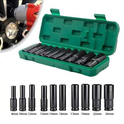 10PCS (8mm-24mm) Conjunto De Soquetes De Impacto Longo Preto Ferramentas Redutor De