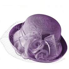 Womens Flower Church Derby Hat With Fascinator Wedding Bridal Tea Party Hats Bowler Cloche Bucket Hat - Purple - View 3