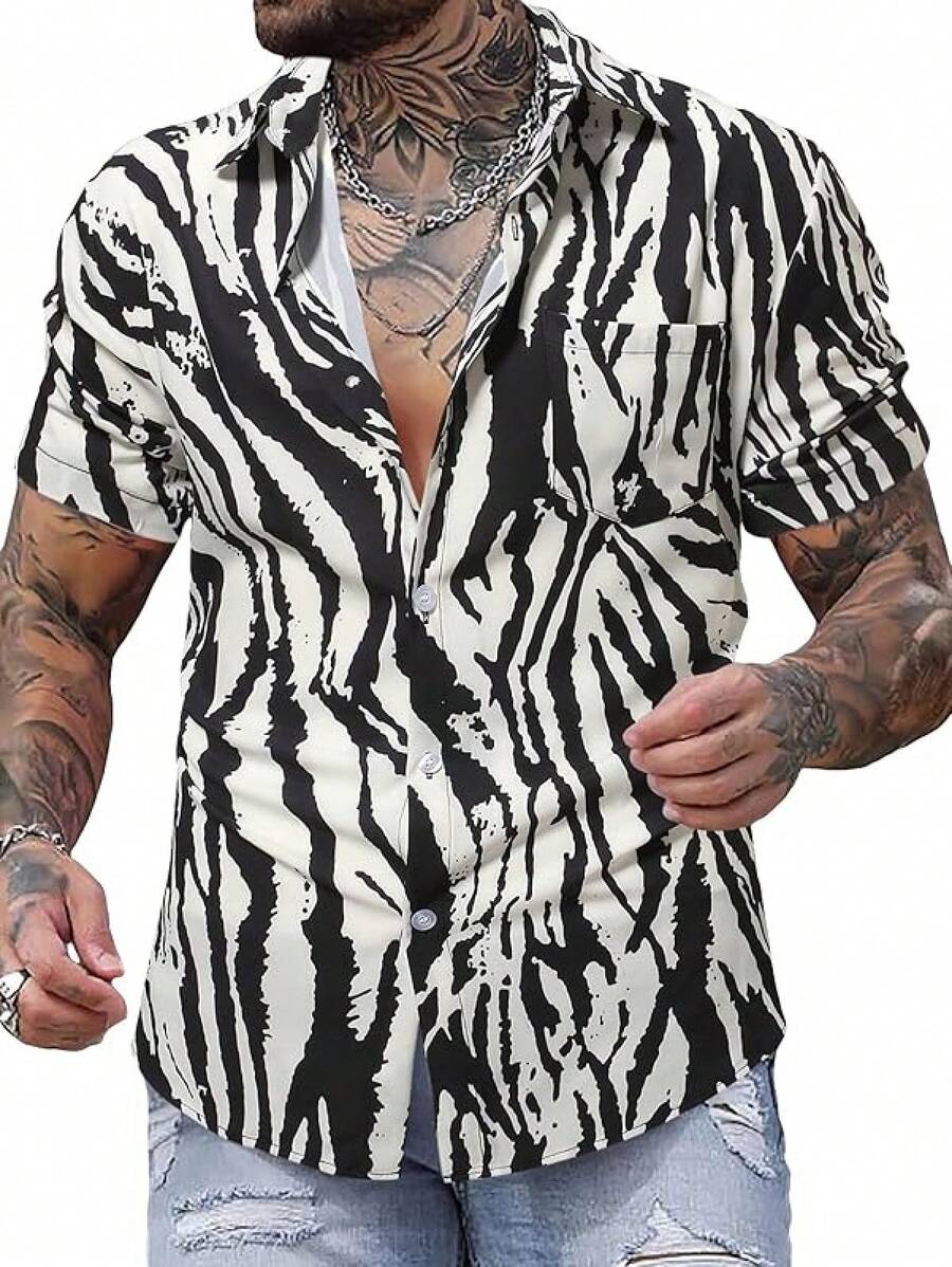 Men's Hawaiian Zebra Print Shirt Button Up Short Sleeve Collar Animal Print Shirt Tops Cheetah Print Topshalloween - 黑色 - 查看 1