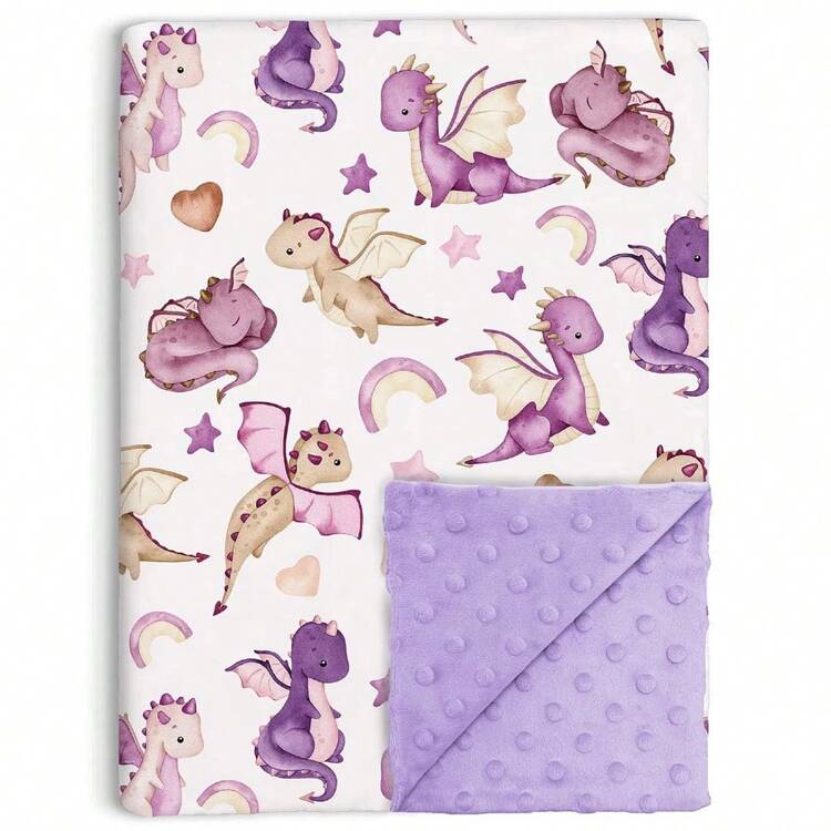 女童龙形婴儿毯，紫色童话主题柔软婴儿房毛毯，双层圆点背衬，幼儿婴儿床婴儿车襁褓，婴儿毯，30 英寸 X 40 英寸 - 紫色恐龍 - 查看 1