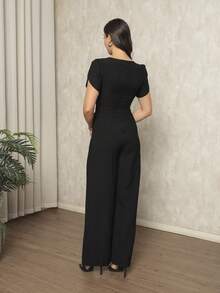 Women's Jumpsuit In Plain Marrant, Pocket, Pantaloons With Petal Sleeves, Simple Pocket Office - 黑色 - 查看 3