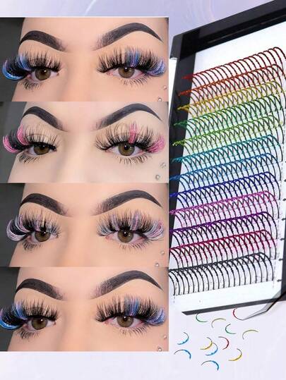 240 pezzi di ciglia finte a forma di D con glitter colorati, ciglia innestate da fata. Set di 12 colori di glitter per capelli e ciglia finte colorate, lunghezze miste (10/11/12/13/14/15/16mm), dall'aspetto naturale al drammatico, adatte per uso quotidiano, feste in costume, facili da applicare, ciglia finte riutilizzabili per principianti