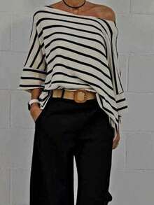 Women's Casual Striped Batwing Sleeve Asymmetrical Neck T-Shirt, Autumn - 彩色 - 查看 1