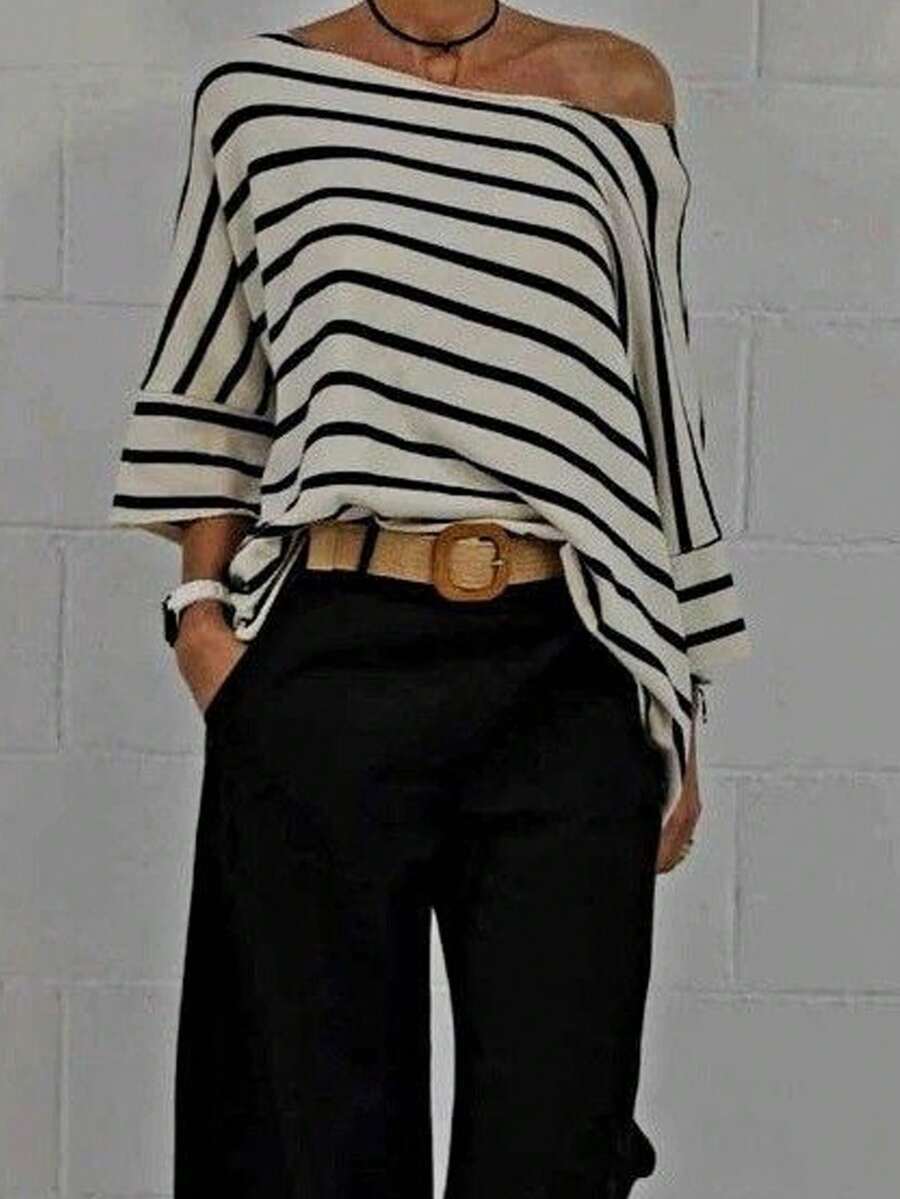 Women's Casual Striped Batwing Sleeve Asymmetrical Neck T-Shirt, Autumn - 彩色 - 查看 1