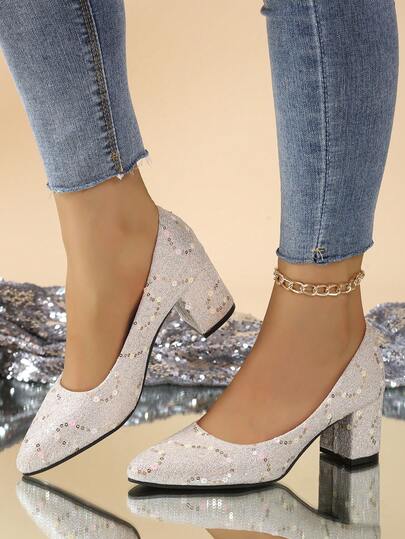 Women's Elegant Solid Color Sequin Thick Heel High Heels, New For Fall 2025 Women's Sparkling Rhinestone Pointed Toe Pumps, Fashion High Heels For Party, Banquet, Dance, Versatile For Spring, Summer, Fall