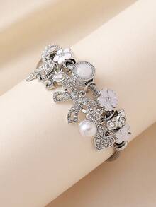 1pc Women's Versatile Beaded Bow Adjustable Bracelet, European & American Style - Silver - View 8