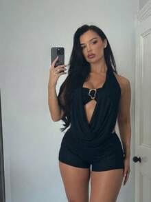 Women Elegant Halter Neck Tube Top Jumpsuit Lace Up Backless Club Party One Piece Outfit - màu đen - Xem 6