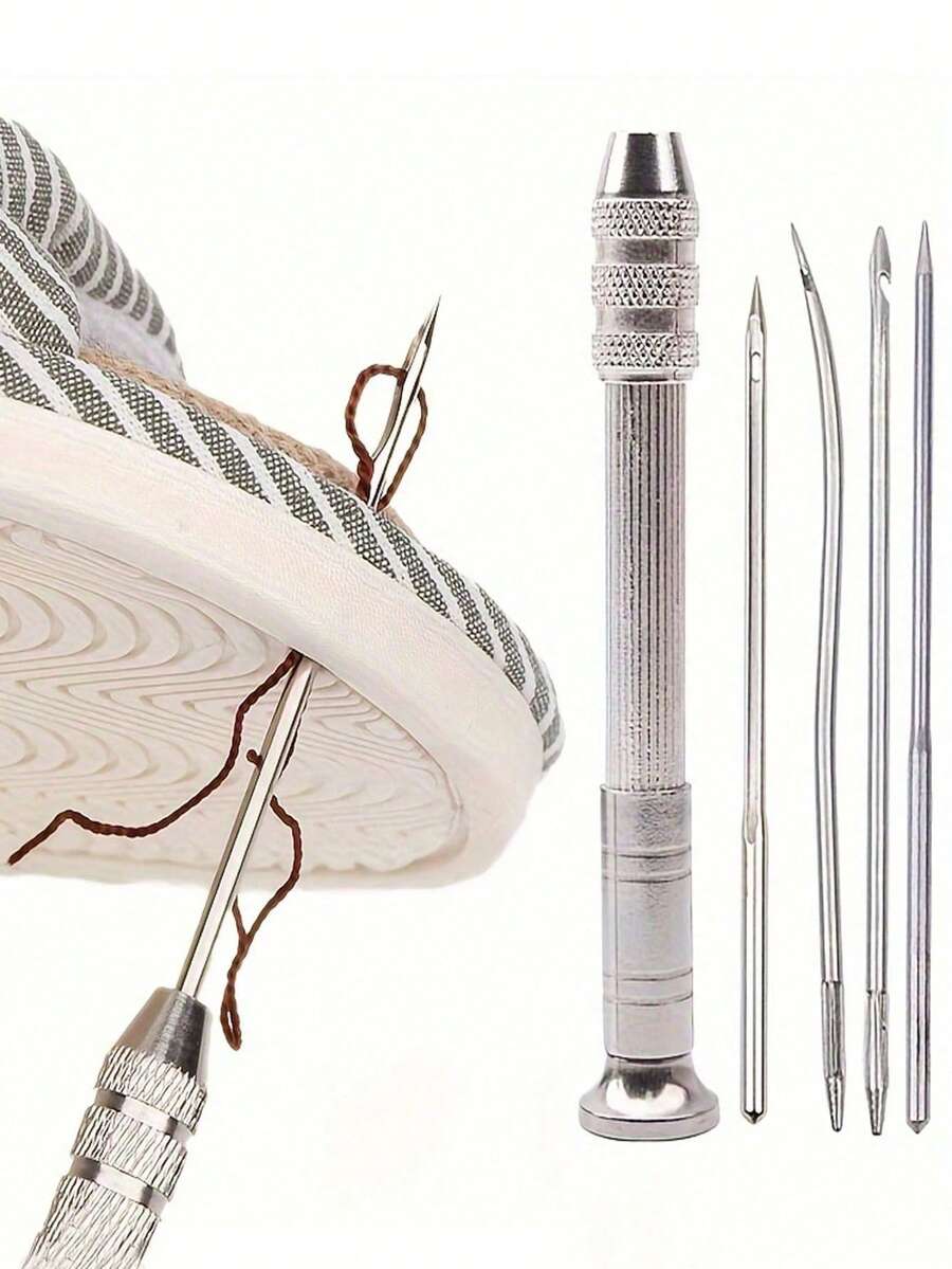 5pcs/Set Multifunctional Leather Sewing Awl Set Replaceable Punch Stitching Needles DIY Sewing Leathercraft Utility Tool Kit, Leather Sewing Awl Kit - Multifunctional Steel DIY Needle With Replaceable Tips For Shoe Repair And Leathercraft, Tapered Awls, Solid Wood Tapered Awls For DIY Sewing Accessories, Leather Cloth Perforations