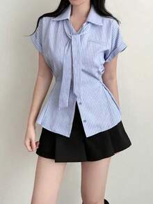 2025 春夏条纹印花时尚百搭女式纽扣短袖衬衫 - 藍色 - 查看 3