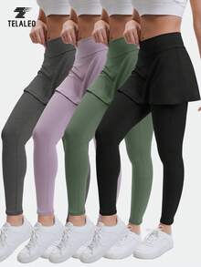 TELALEO 4 Pack Women's Skirted Leggings High Waisted Yoga Legging With Skirts &Women Tennis Skorts With Pockets Yoga Running Pickleball Athletic Skirt - 彩色 - 查看 1