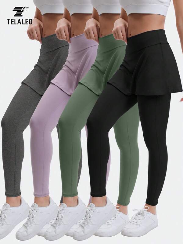 TELALEO 4 Pack Women's Skirted Leggings High Waisted Yoga Legging With Skirts &Women Tennis Skorts With Pockets Yoga Running Pickleball Athletic Skirt