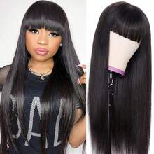 Straight Wigs Human Hair With Bangs 180% Density Brazilian Virgin Human Hair Wigs For Women Glueless Wigs Human Hair Machine Made None Lace Front Wigs Natural Color (8-36inch), 3S Put On & Go Affordable Human Hair Wig, Quick Install - Natural Black - Xem 2