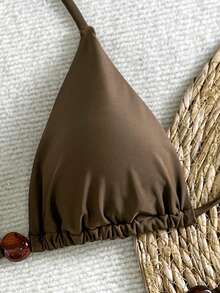 Maiô Bikini de 2 peças com top halter e parte de baixo sem costas com amarração, Cor Sólida, Verão, Praia, Férias, Looks de Verão para Mulheres, Looks de Praia para Mulheres, Roupa de Praia Feminina, Maiô com Sustentação