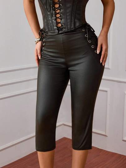 Apperloth A 女士PU皮革弹力高腰紧身涂层打底裤百慕大短裤侧边系带无口袋商务办公休闲春夏外出音乐节女装