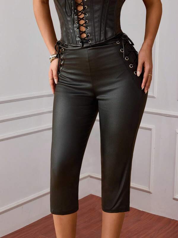 Apperloth A Women's Dress Pants PU Leather Stretch High Waisted Skinny Coated Legging Bermuda Shorts Trousers Side Lace Up Pocketless Business Office Casual Spring/Summer Going Out Music Festival Outfits For Women Black