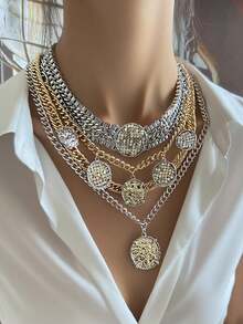 1pc Exaggerated Geometric Coin Badge Pendant Multi-Layer Necklace, Luxurious Retro Design Fashion Accessory - Badge Layered Necklace - View 1