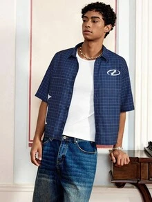 男士宽松字母格纹印花短袖梭织衬衫，街头潮流必备单品 - 藏蓝色 - 查看 3