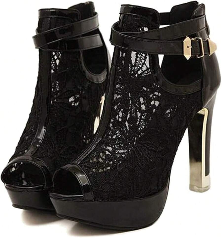Women's Pretty Lace Open Toes High Heels Ankle Boots-2025 - màu đen - Xem 1