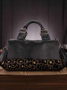 Y2K Fashion Personalized Women's Handbag, Street Punk Leopard Print Shoulder Bag, Multi-Pocket Design, Detachable Strap - Black - View 4