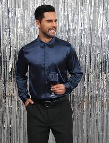 Mens Silk Satin Shirts Long Sleeve Button Down Loose Fit Dress Shirt Luxury Party Prom Wedding Shirtshalloween - 寶藍色 - 查看 9