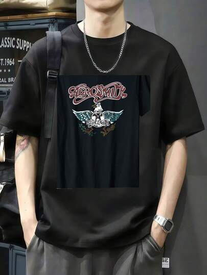 100% algodón playera gráfica negra para hombre con estampado de águila estilizada y diseño de letras artísticas rojas Camiseta de manga corta de algodón puro de 220 g, impresión por una cara