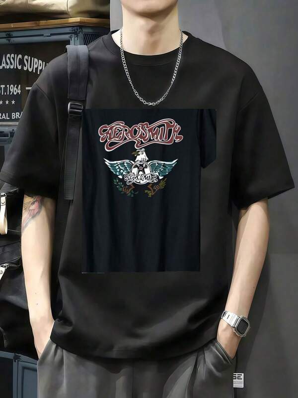 100% algodón playera gráfica negra para hombre con estampado de águila estilizada y diseño de letras artísticas rojas Camiseta de manga corta de algodón puro de 220 g, impresión por una cara