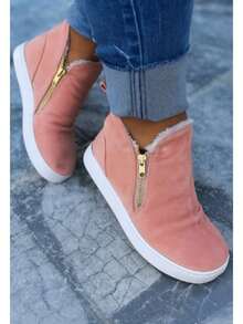 Boots With Plush Fur Zipper Comfortable Sneakers Easy To Put On Booties Winter - 乾枯玫瑰色 - 查看 2