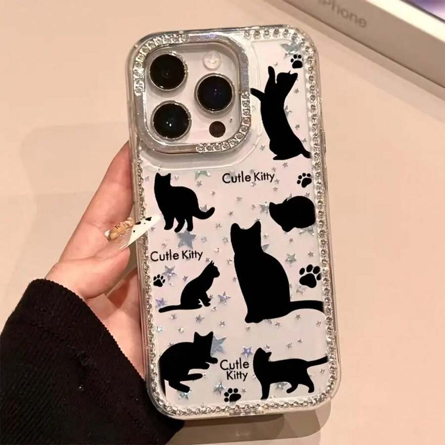 Funda brillante con diseño en negro, con un orificio grande y borde transparente, compatible con phone 16 Pro Max, 15, 14 Plus, 13 y 12. - transparente - Ver 1