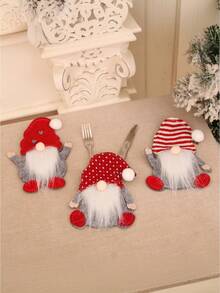 3/6pcs Christmas Table Setting Decorations With Gnome & Snowman Faceless Knife And Fork , Red & White Polka Fabric Protective Covers & Spoon Holder - Festive Cutlery Holders For Home & Restaurant Use, Durable Fabric Material, Easy-Clean Holiday Tableware (Knives/Forks Not Included) - Ideal For Christmas Parties & Everyday Dining - Adorable Gnome Characters With White Pom-Poms & Red Scarves, Seasonal Table Decor, Party Planners, Christmas Decor - Multicolor - View 4