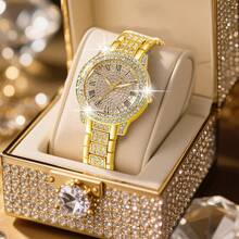 女士腕表，优雅时尚，表壳和表带镶嵌水晶，女士石英表套装，包含配套项链、耳环和手链，适合日常佩戴、生日礼物、返校季礼物、感恩节礼物、情侣礼物，最佳礼品（不含包装盒） - 金色 - 查看 5