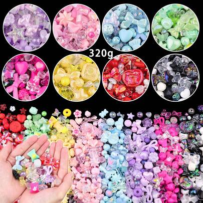320g 8-Color Random Mixed Acrylic Beads For DIY Jewelry Making, Includes Flower, Bow, Heart, Bear Charms, Suitable For Bracelets, Necklaces, Phone Chains, Keychains, Stickers