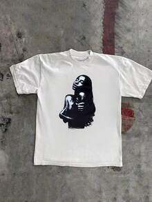 Women's Loose Street Style Vintage Pop Fun Portrait Print Short Sleeve T-Shirt, Streetwear, Tops - White - View 7