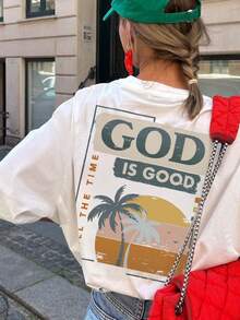 Women 2025 Spring/Autumn New Casual Palm Tree & Slogan Print Loose Dropped Shoulder Long Sleeve T-Shirt, A Fashion Essential For Every Season