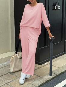 Fisoew Women Two Piece Lounge Set Casual 34 Sleeve Tunic Top And Wide Leg Pants Cozy Fall Outfits Y2K Matching Sets Soft Travel Loungewear Breathable Jogger Suit - 粉紅色 - 查看 7