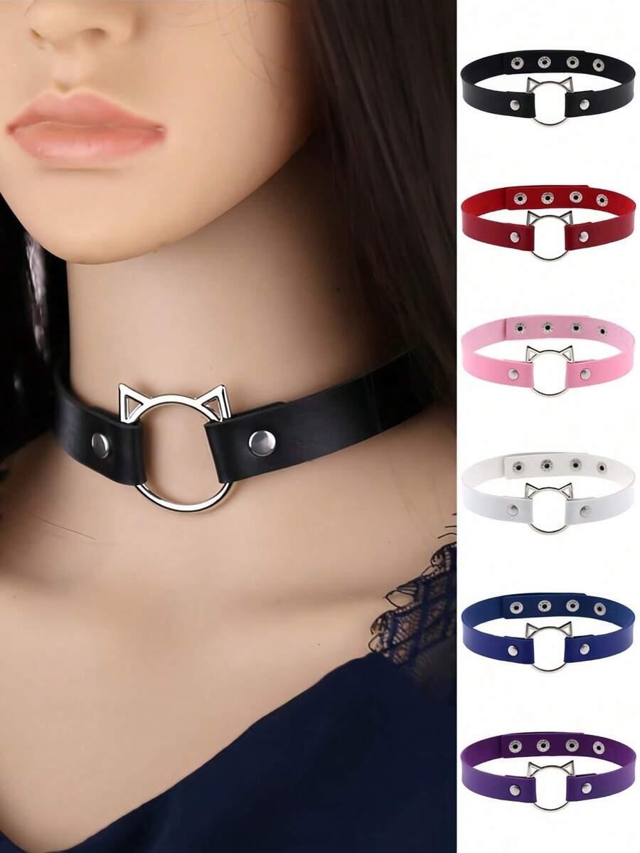 1 pieza Collar gargantilla de estilo punk gótico con remaches rosas personalizados, collar de cadena de acero inoxidable ajustable, collar con remaches cuadrados, collar gargantilla de orejas de gato de PU, adecuado para uso diario de mujeres, fiesta de Halloween, regalo de cumpleaños creativo, San Valentín, accesorios de playa, joyería de mujer